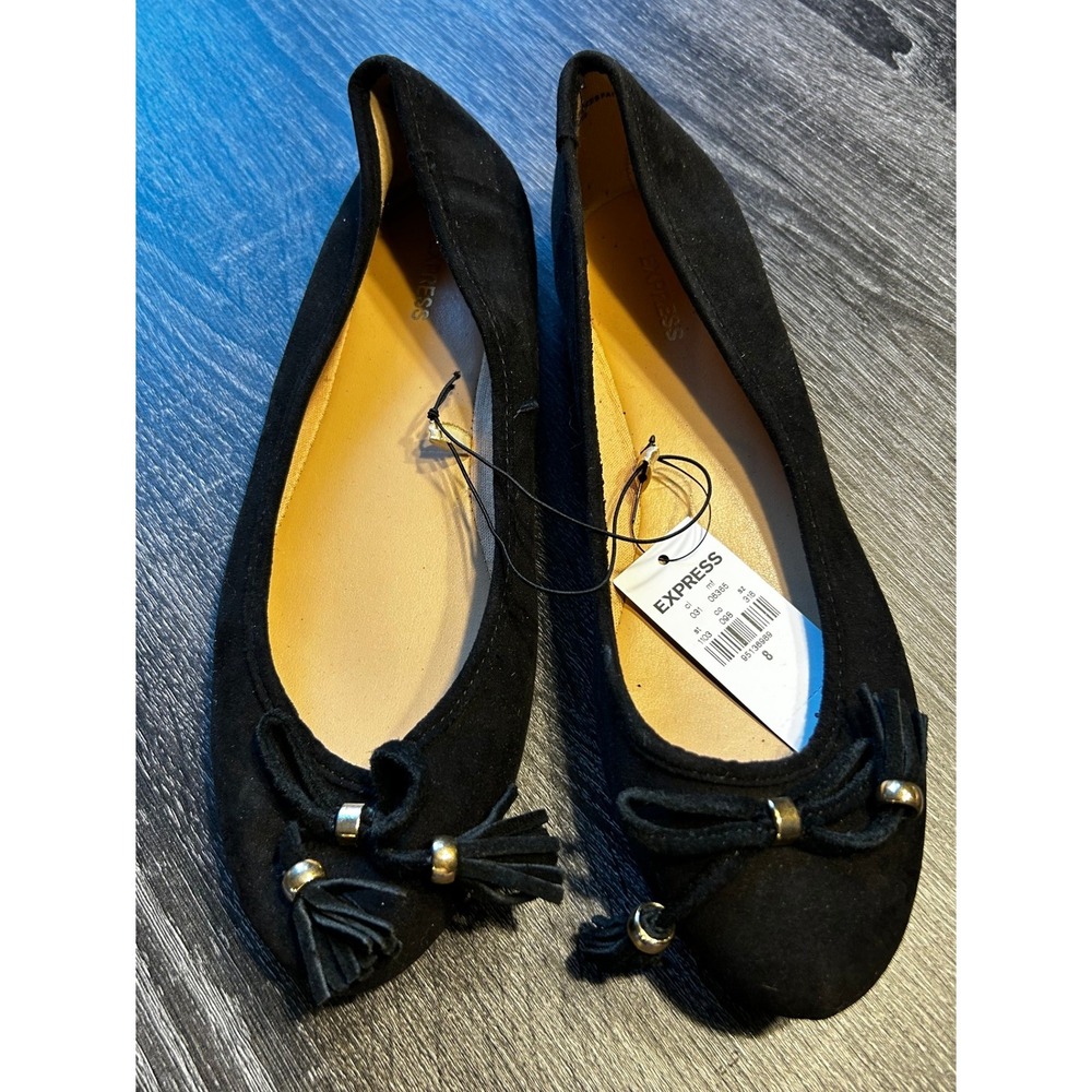 Express Womens Black Faux Suede Ballet Flats with Tassels - NWT Size 8